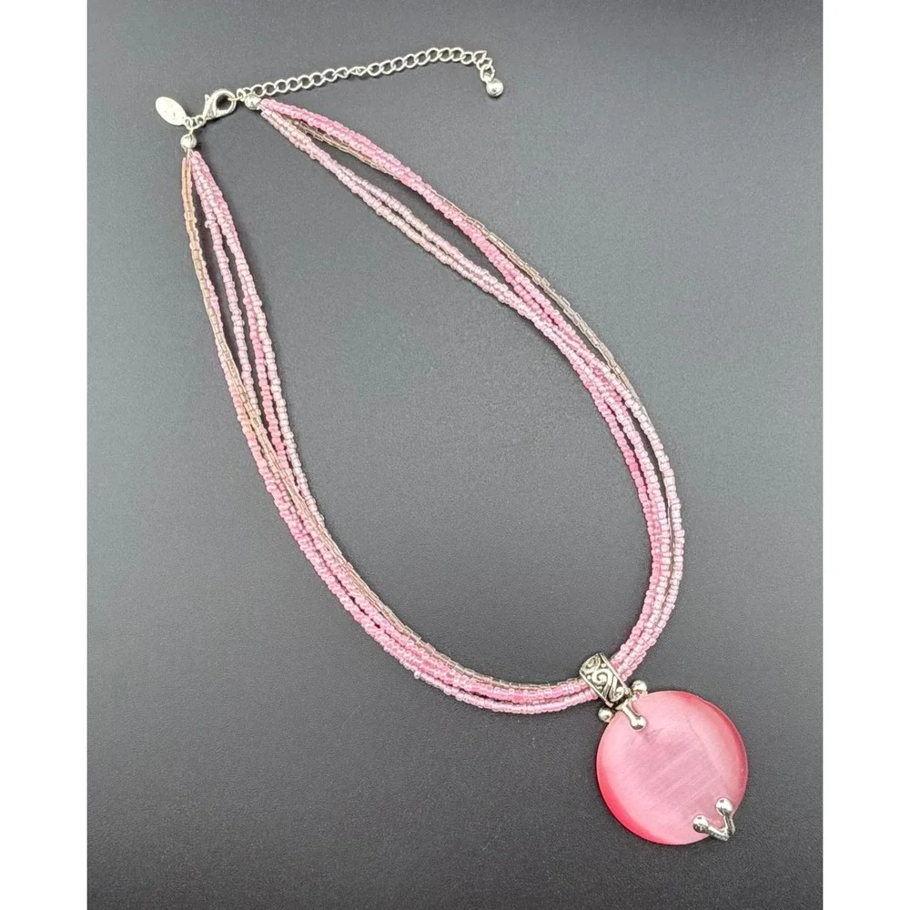 Premier Design Necklace Pink Multi Strand Beaded Silver Tone Cats Eye‎ Moonstone